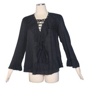 IRO Finley Lace up Front Poet Ruffle Boho Black Blouse 34 XS